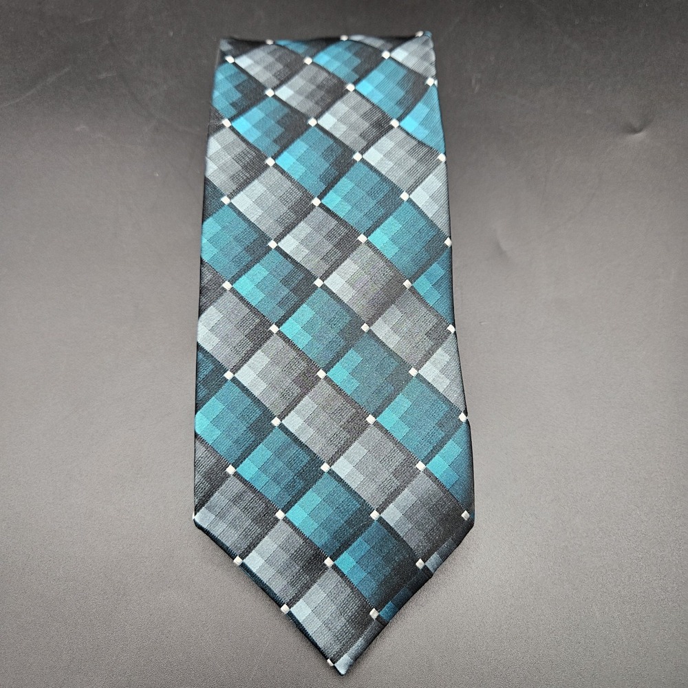 VTG Bugatti Geometric Black Teal White Checker Tie 100% Silk Classy Business